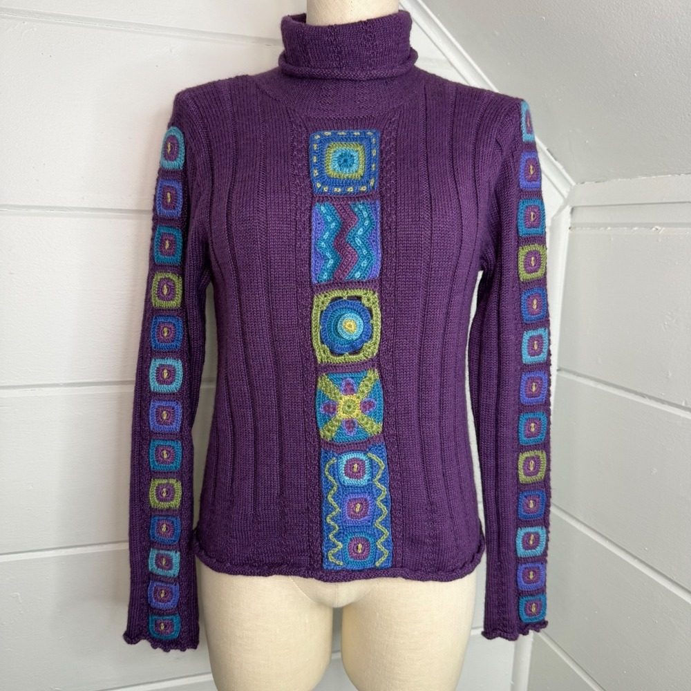 Planet Earth Medium 100% Llama‎ Purple Sweater Granny Square Knit Turtleneck